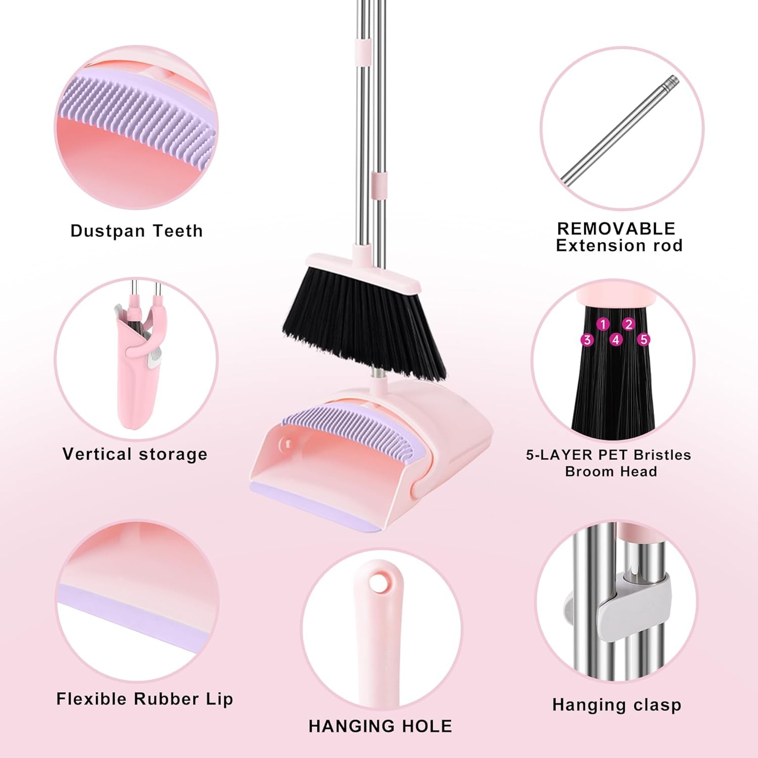 Pink Broom and Dustpan Set, 52-in Handle Broom Dustpan bo Set
