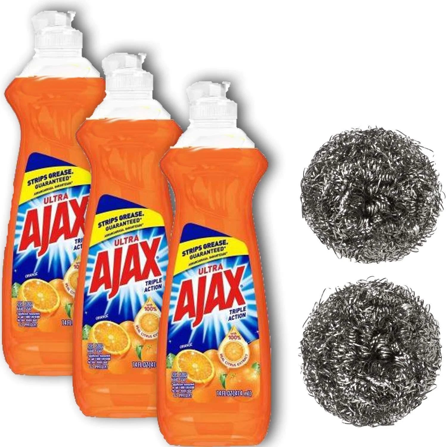 Ajax Ultra.Orange.Triple Action Dish Liquid 12.4oz ea+2 Stainles Steel Scrubbers