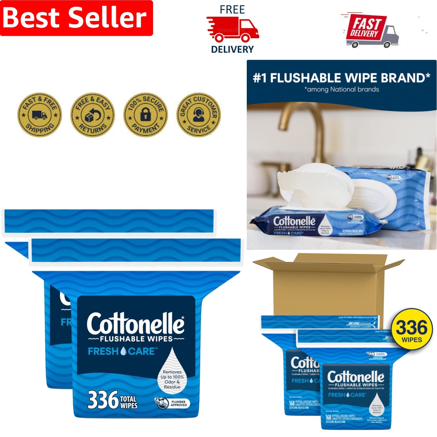 336 Count Cottonelle Adult Flushable Wipes, 2 Refill Packs – Odor Eliminating