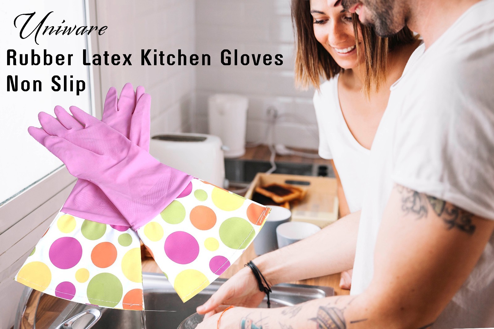 17 Inches Rubber Latex Kitchen Dish Washing Gloves (1 Pair), Pink
