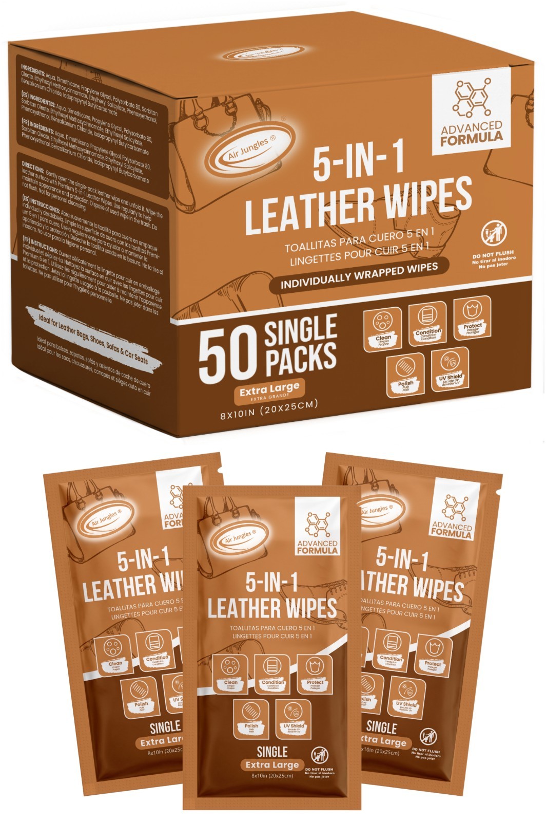 Air Jungles 3in1 Leather Cleaner Wipes 50 Count (Pack of 1)