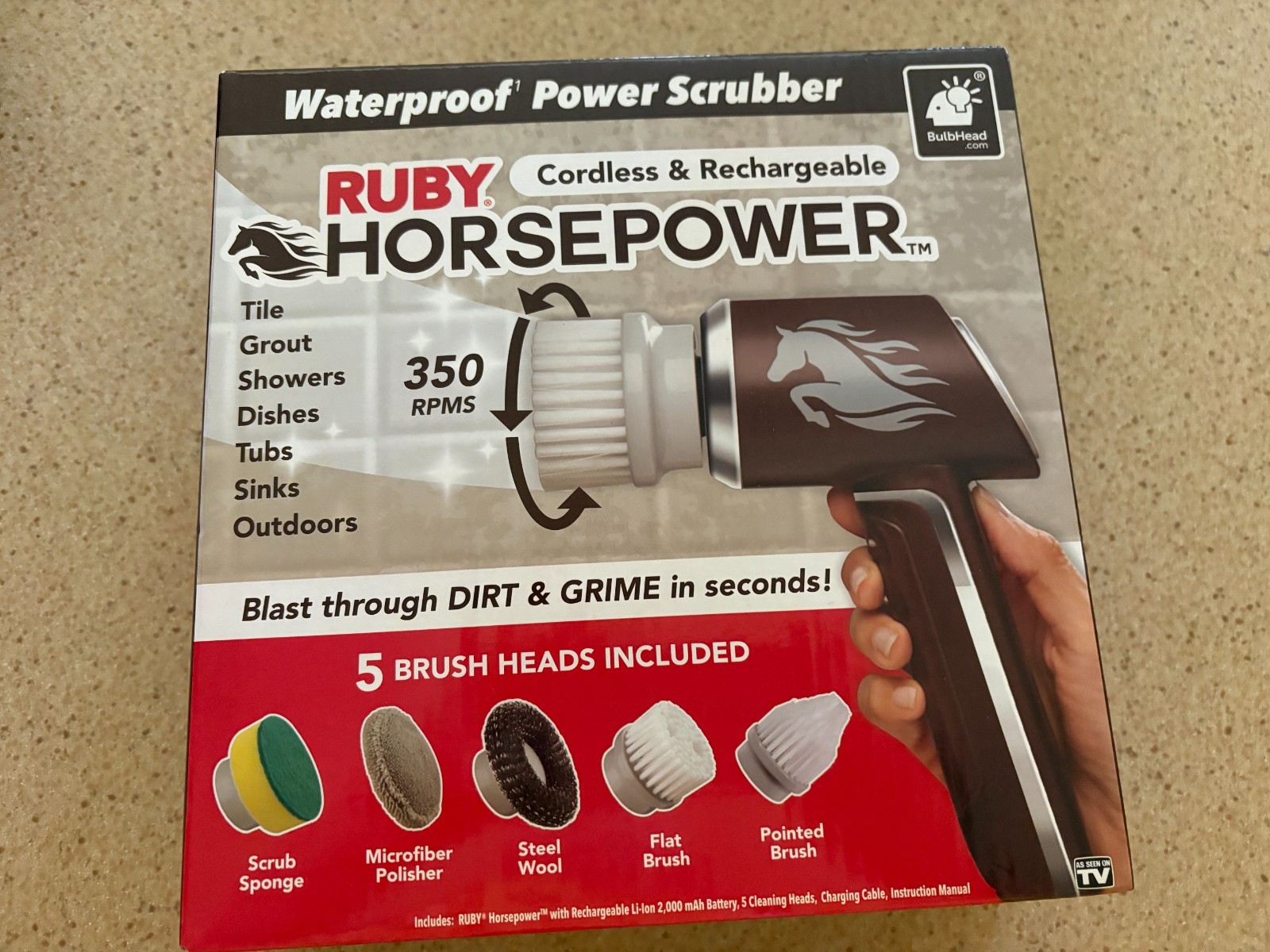 RUBY HORSEPOWER Waterproof Cordless 360° Power Scrubber W/ 5 Heads! – NEW!