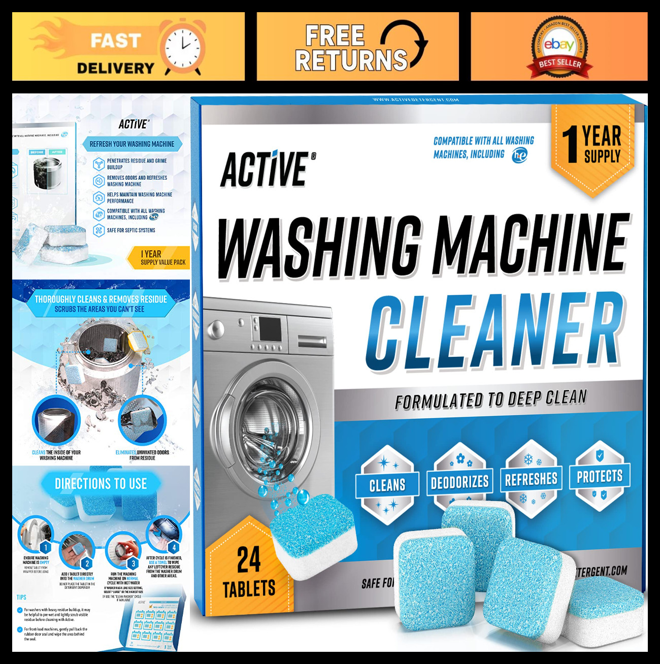 Washing Machine Cleaner Tablets – 24 Pack Descaler for HE & Top Load Washers, Ec