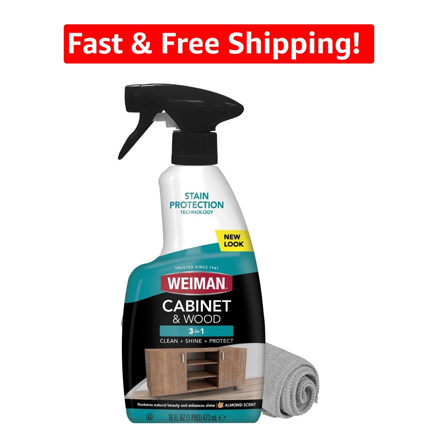 Cabinet & Wood Clean & Shine Spray – 16 fl oz Almond Scent + Microfiber Cloth