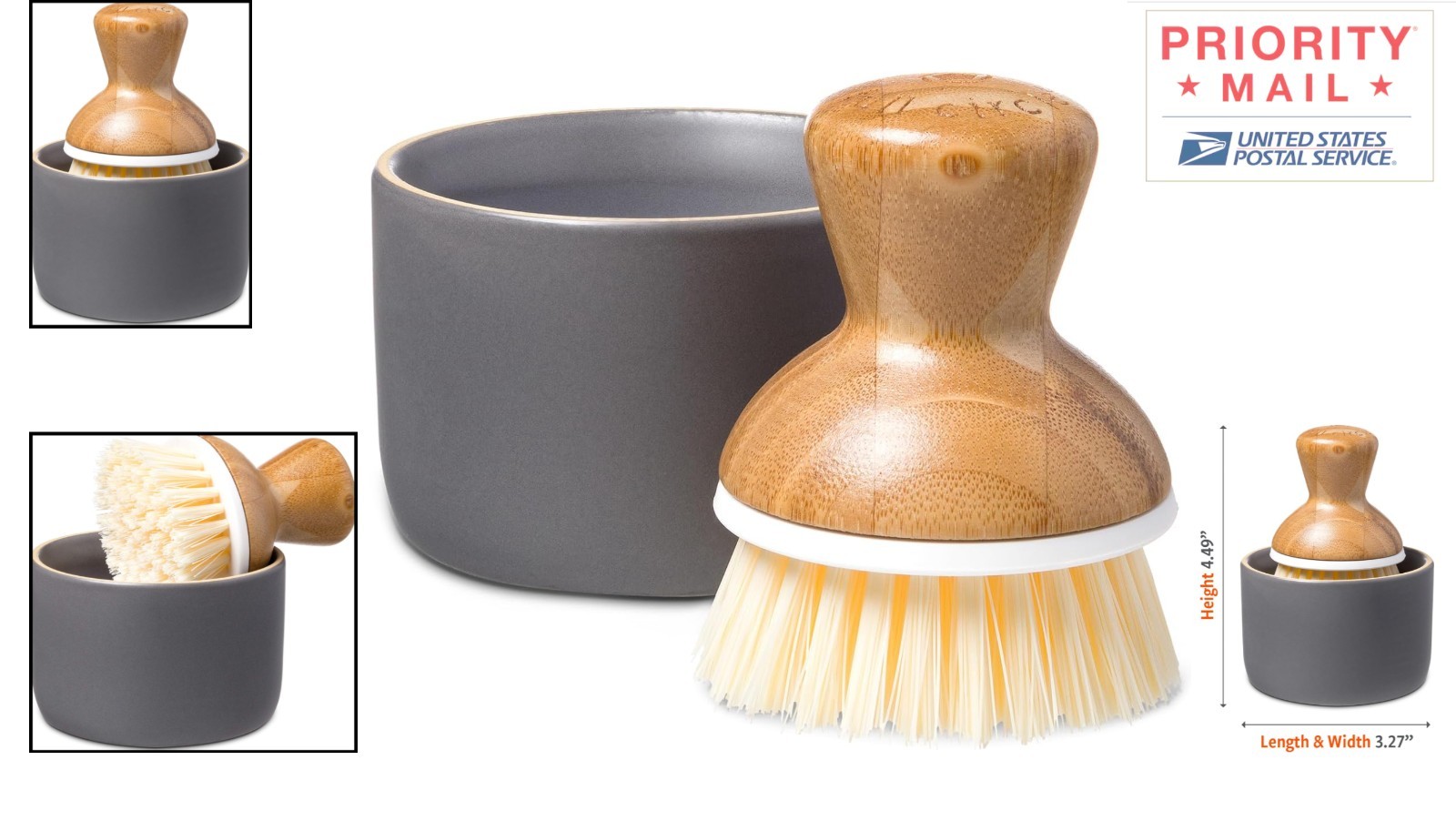 Ceramic Soap Dispenser and Bamboo Handle Dish Brush Set for Kitchen Cleaning