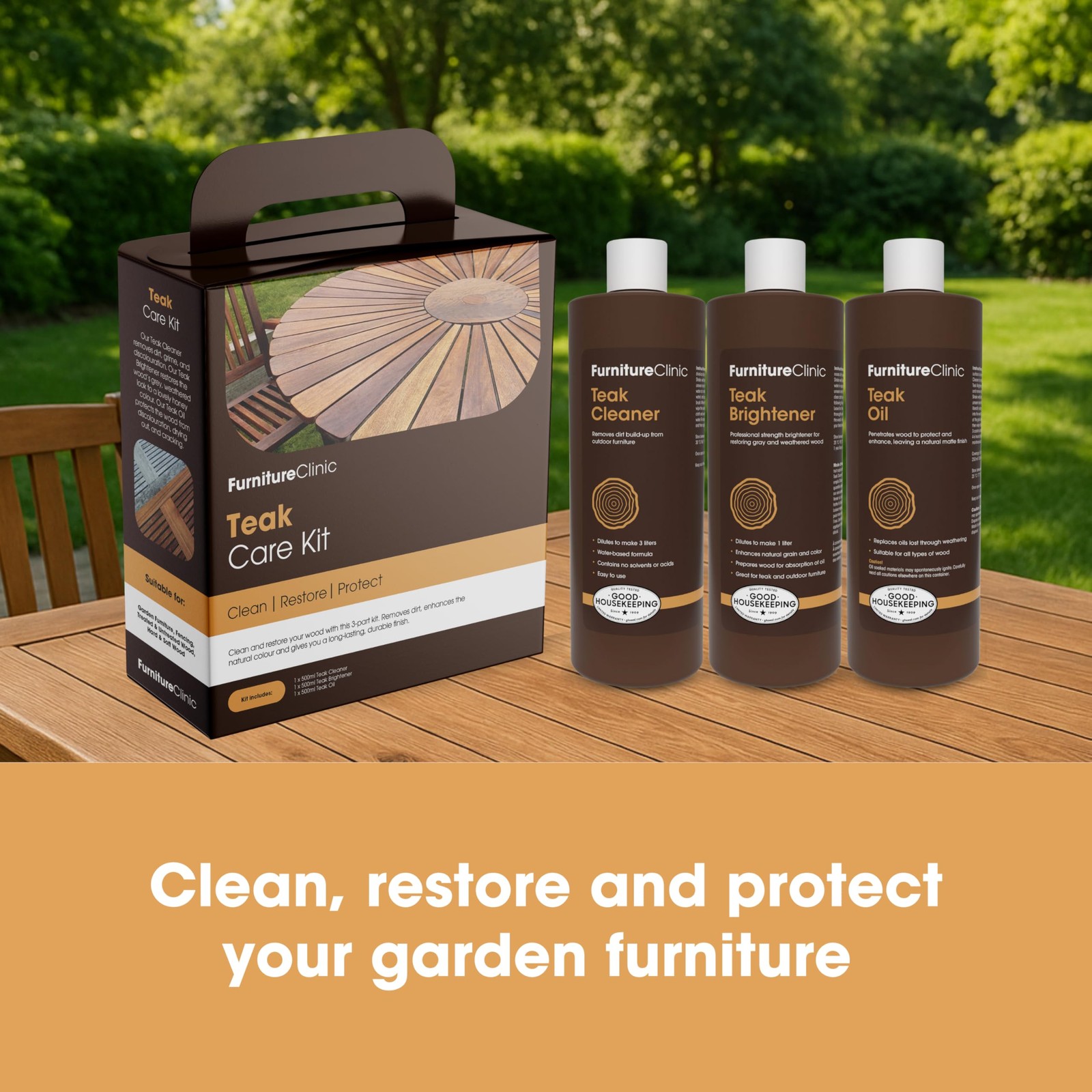Teak Care Kit | For Teak Outdoor Wood Patio Furniture | Clean, Brighten, Nour…