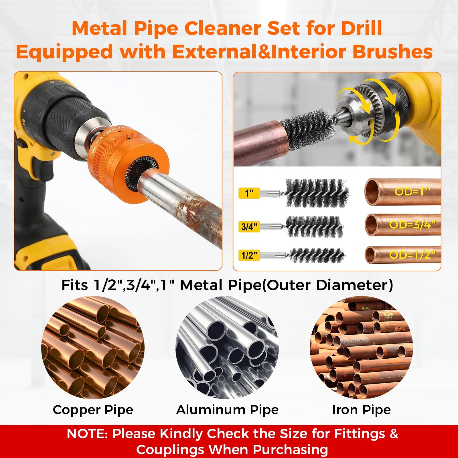 Copper Pipe Cleaner Set for Drill Fit 1/2″ & 3/4″ & 1″ Metal Pipes with 1/4″ …
