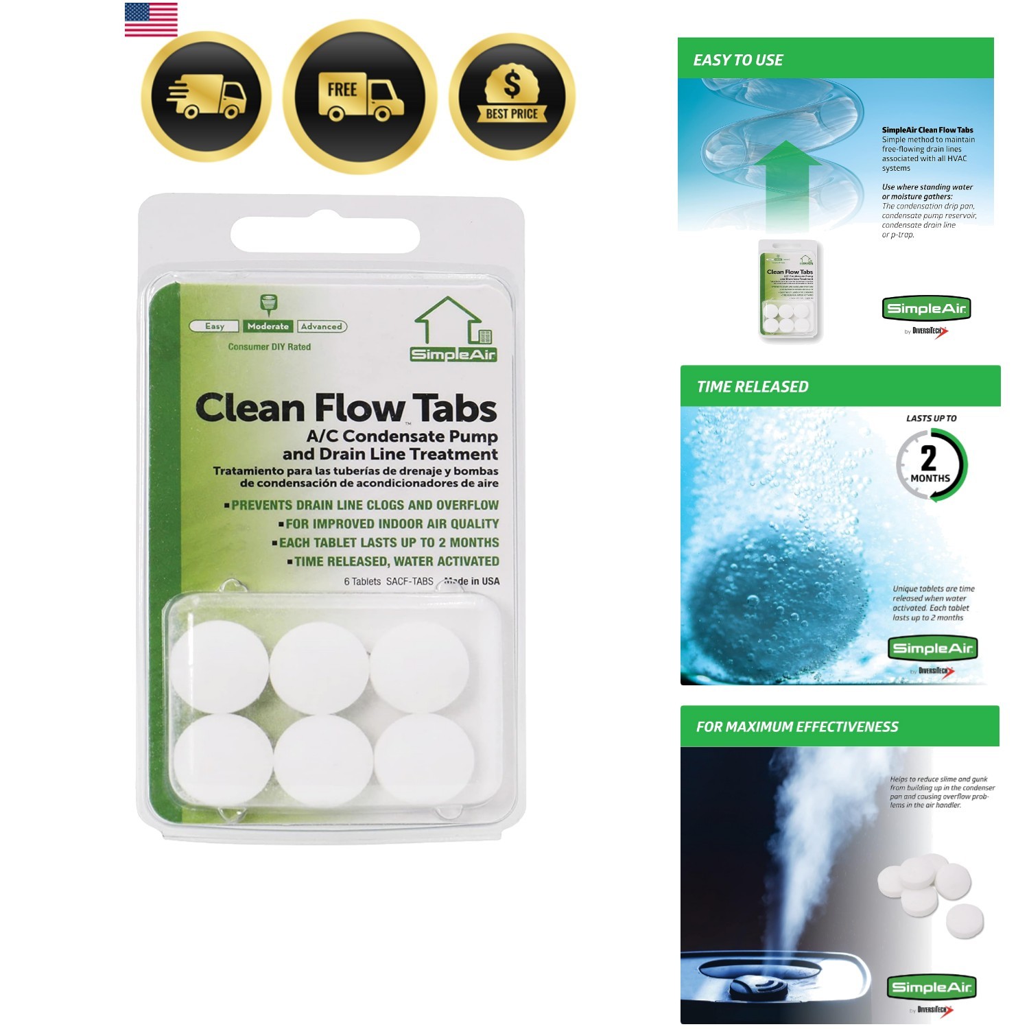 SACF Drain Line Clean Flow Tabs, for AC Units, HVAC Systems, Dehumidifiers, C…