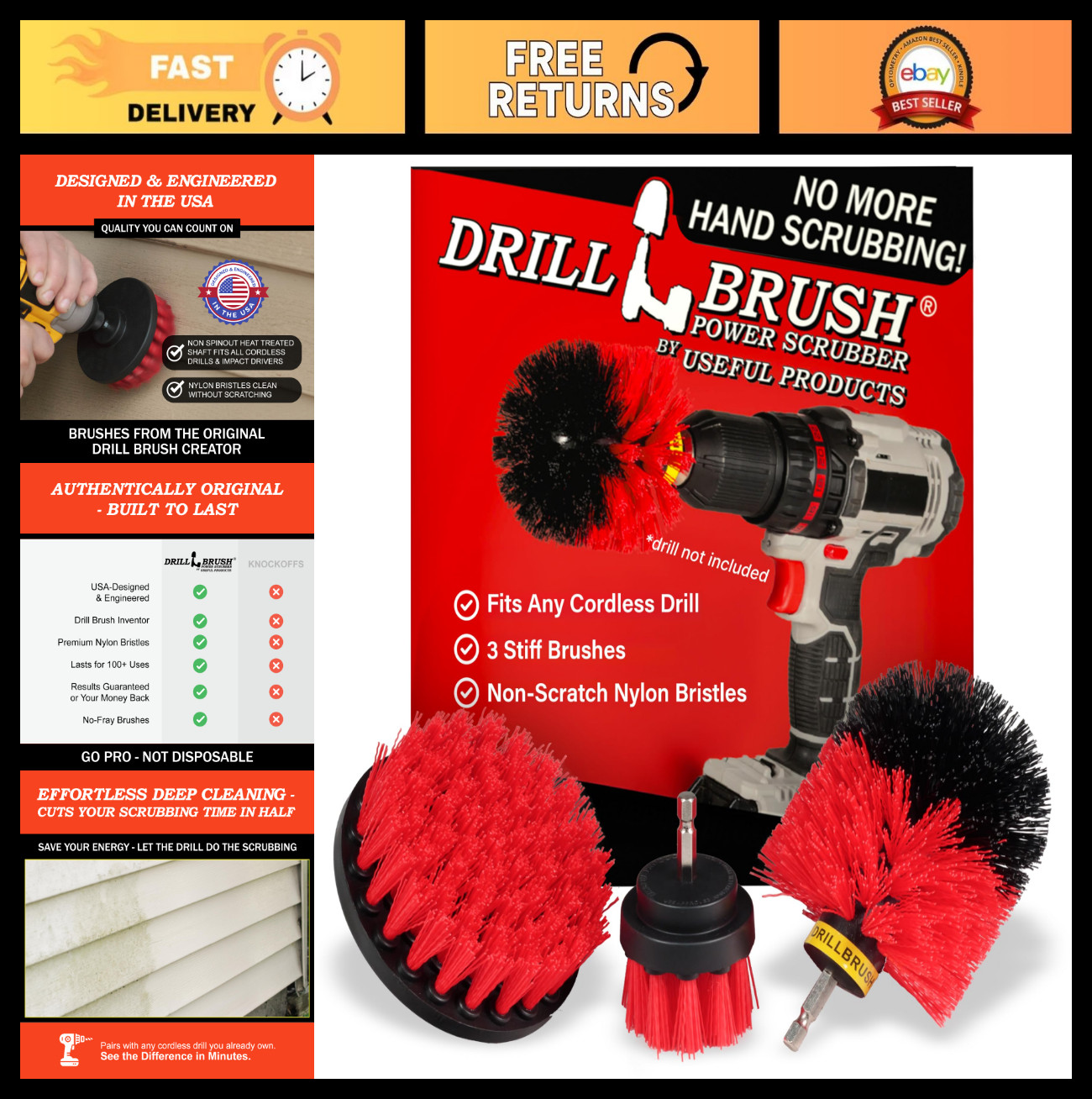 Heavy Duty Stiff Bristle Drill Brush Kit – Power Scrubber for Concrete, Brick, S