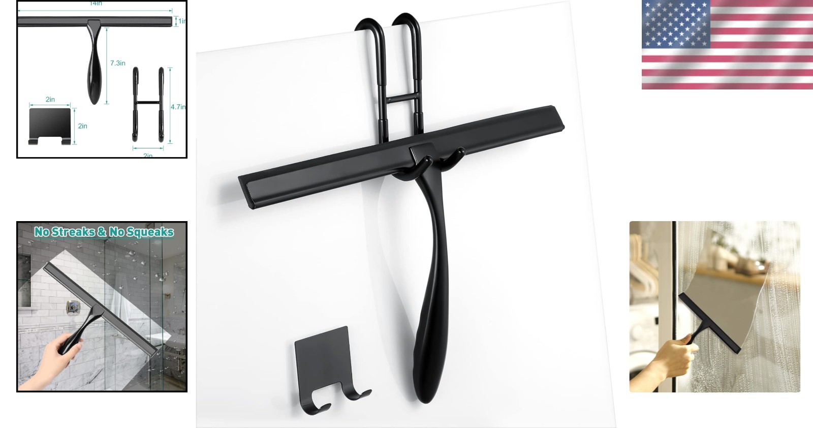 All-Purpose 14-Inch Shower Squeegee with Matte Black Finish & Hooks Included