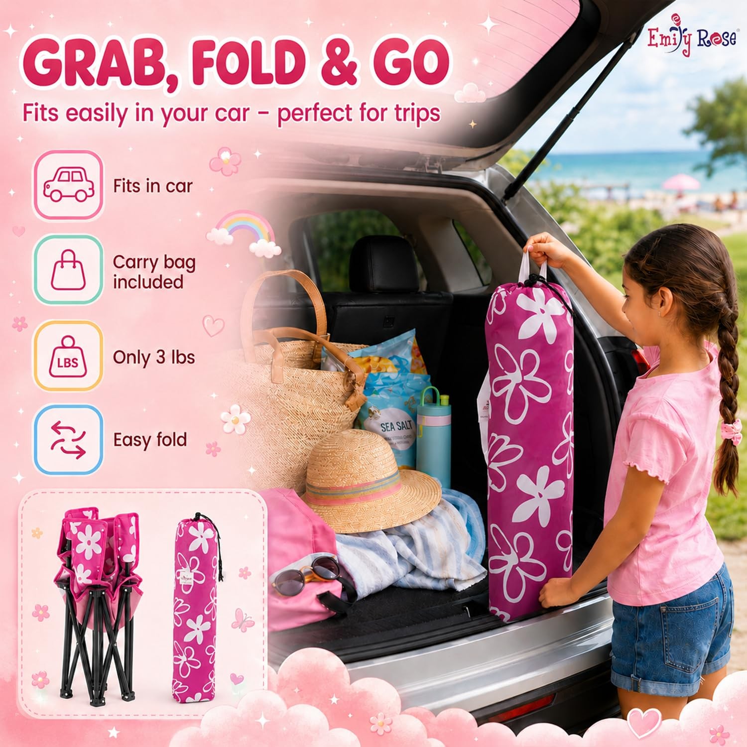 Kids Pink Folding Beach Camp Chair with Cup Holder Safety Lock & Carry Case –