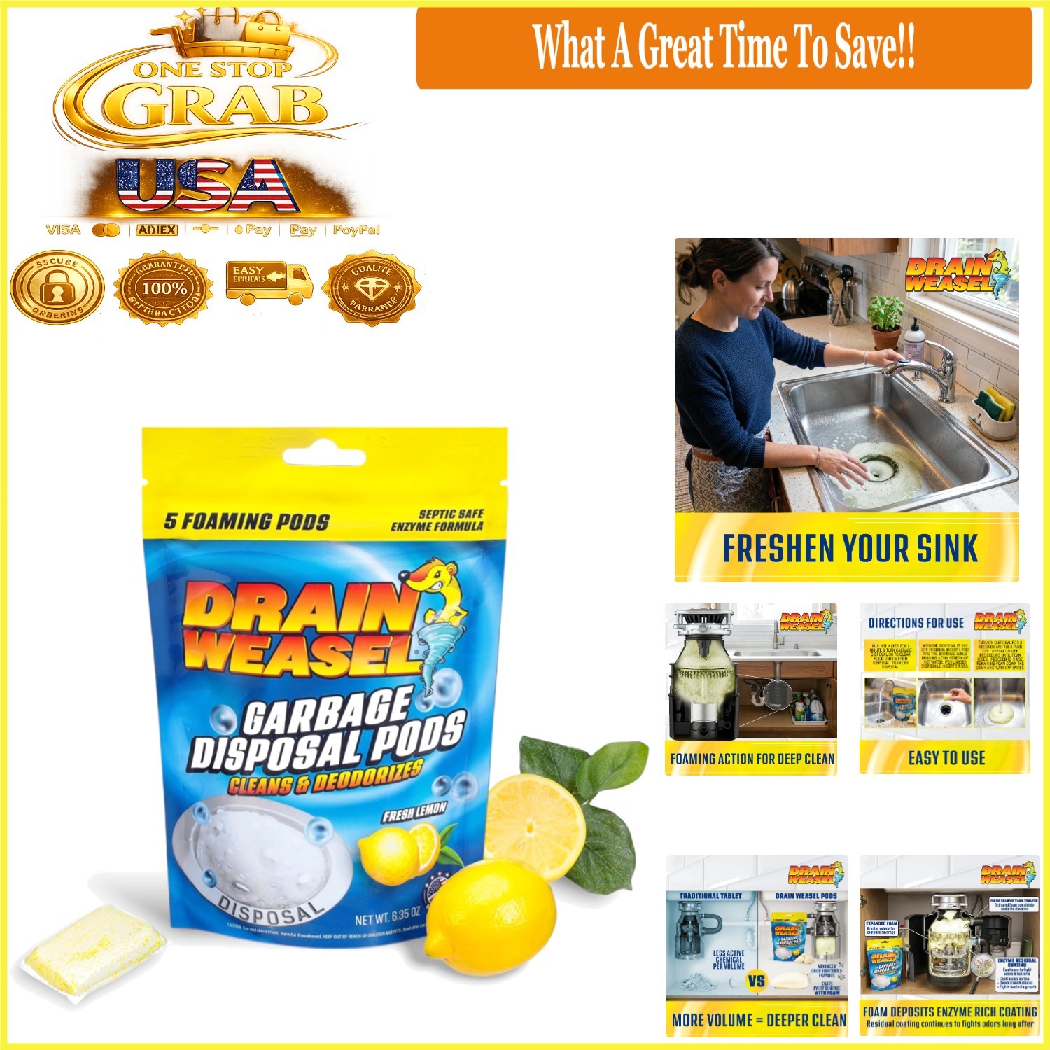 Garbage Disposal Pods Cleaner Deodorizer 5-Pack Lemon Scent Septic-Safe