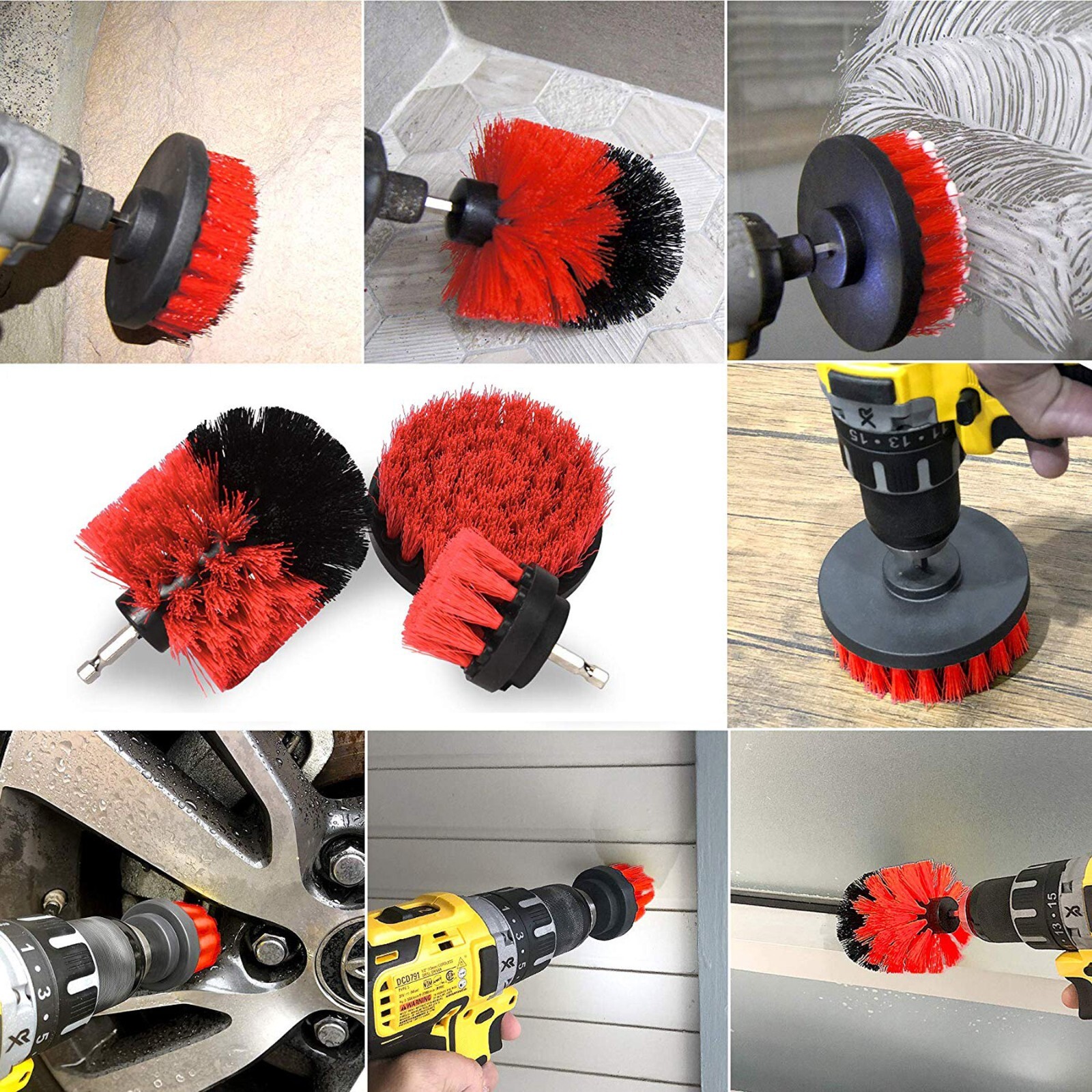 Heavy Duty 3PCs Auto Detailing Drill Brush Kit Tile Carpet Grout Power Scrubber