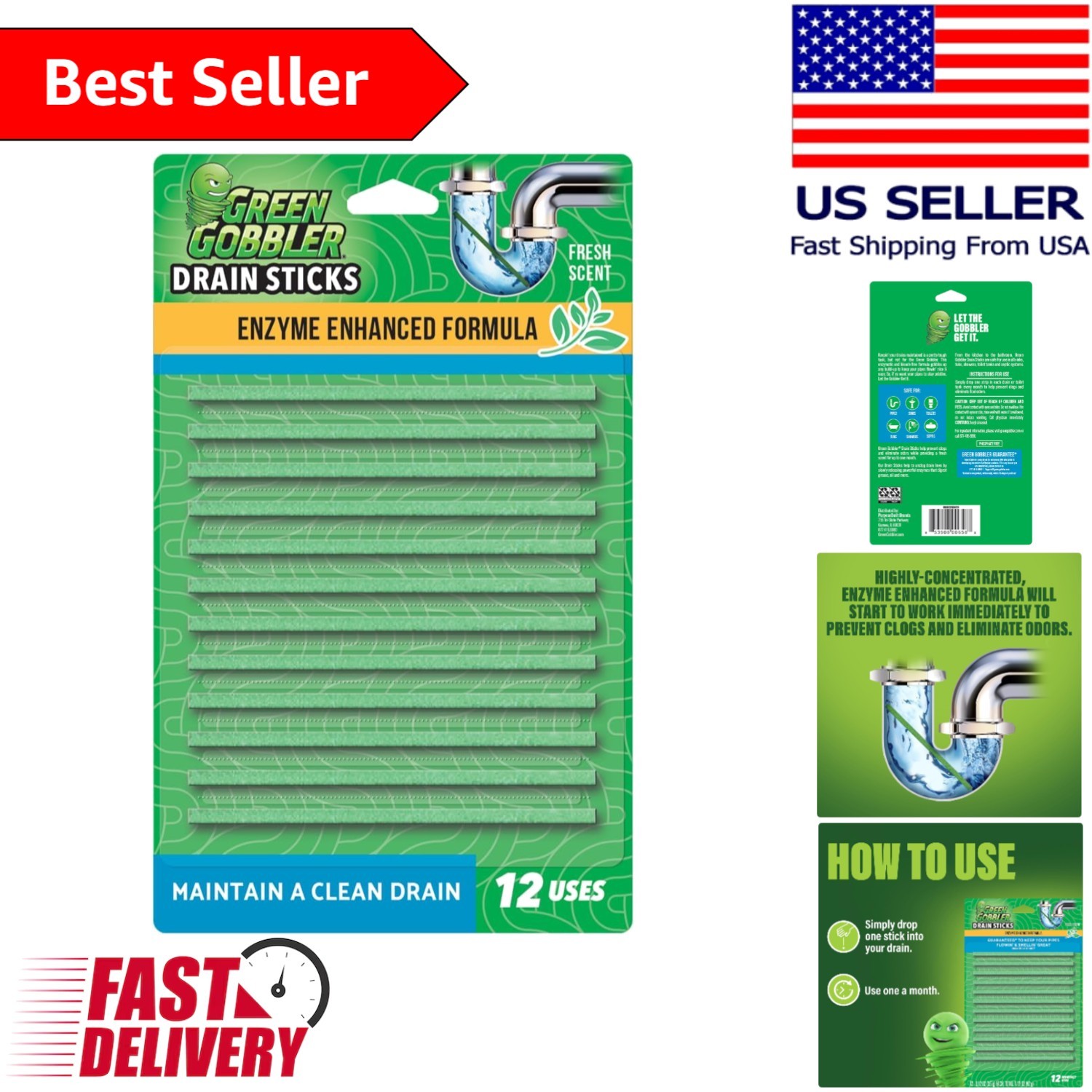Monthly Use Enzyme Drain Strips – 12 Pack for Clog Prevention & Odor Control