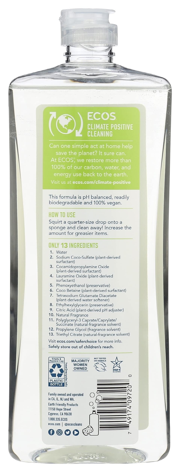ECOS Dishmate Dish Soap 25 Fl Oz Vegan Hypoallergenic Plant Powered Cleaning