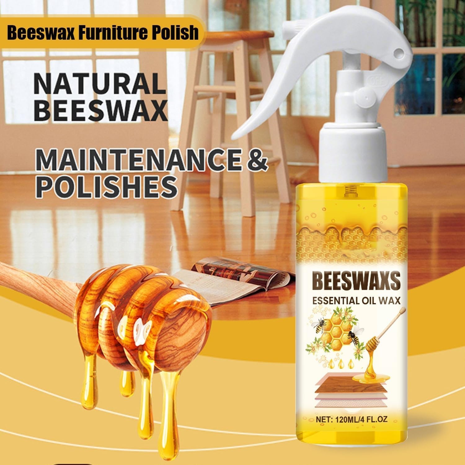 Natural Beeswax Polish Spray, Wood Furniture & Floor Cleaning Care