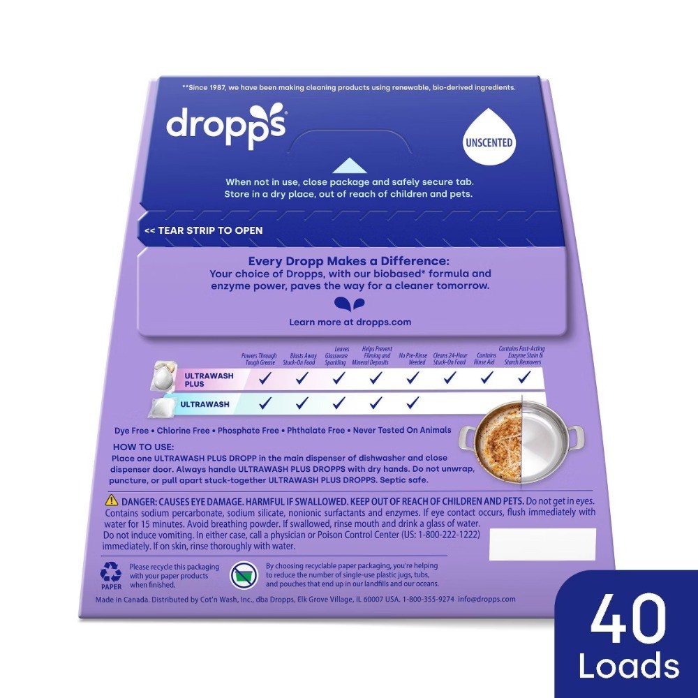 Dropps Dish UltraWash Plus Biobased Detergent Pods – Unscented – 16.93oz/40ct