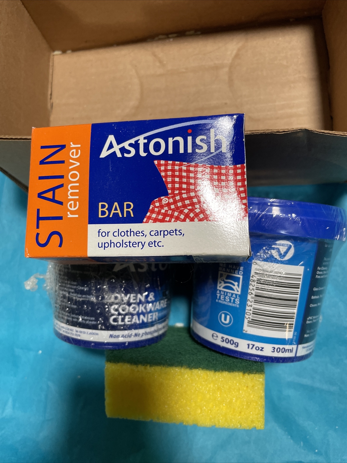 2 New Astonish Oven And Cookware Cleaner 17oz +Stain Remover Bar + Scrubber Set