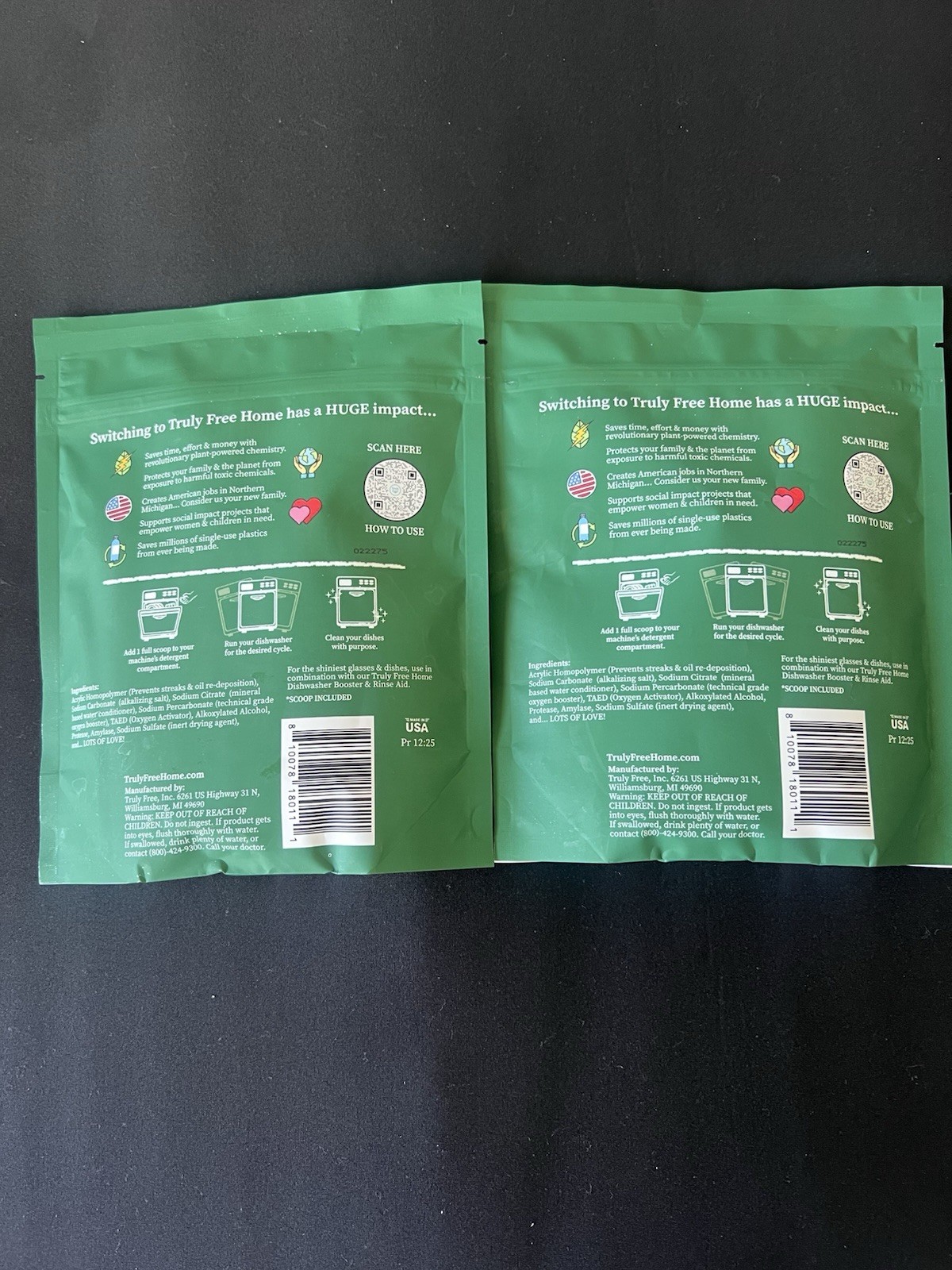 2 Pack Truly Free Home Non-Toxic Dishwasher Soap 12.5 oz 25 Loads Plant-Based