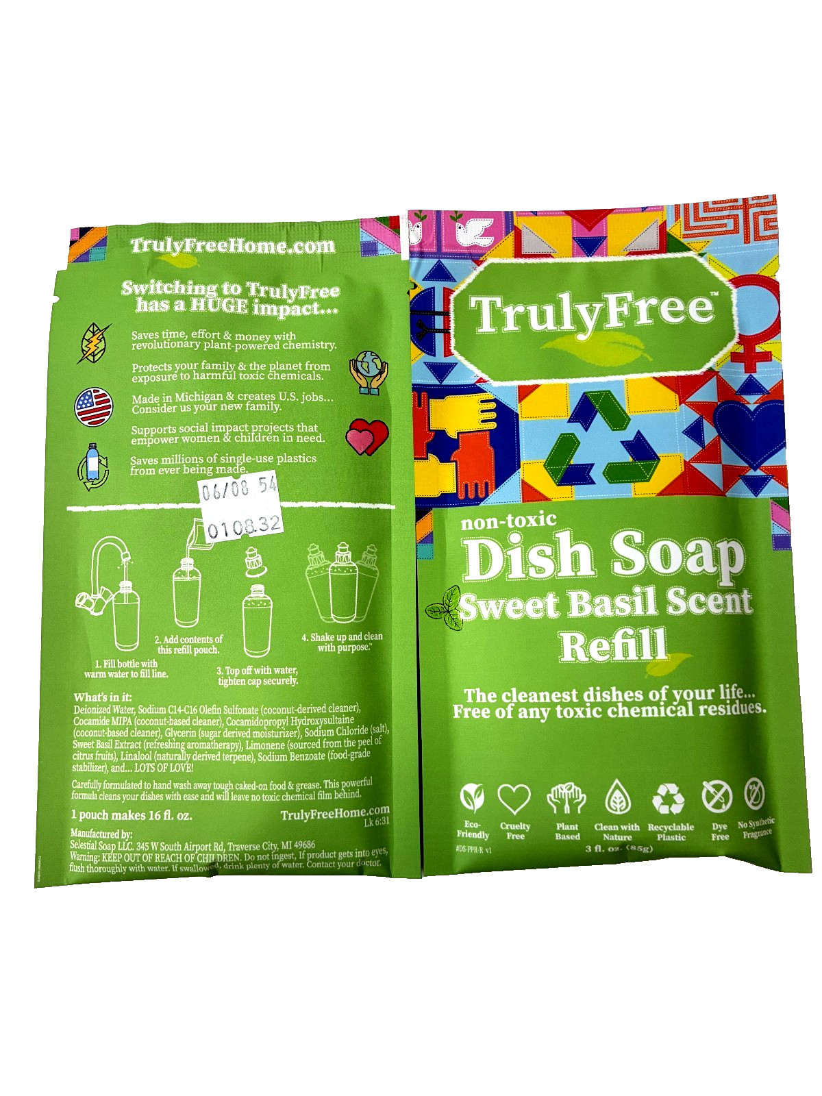 Truly Free Non Toxic Dish Soap Sweet Basil 2 Pack Refill & Bottle Eco Friendly