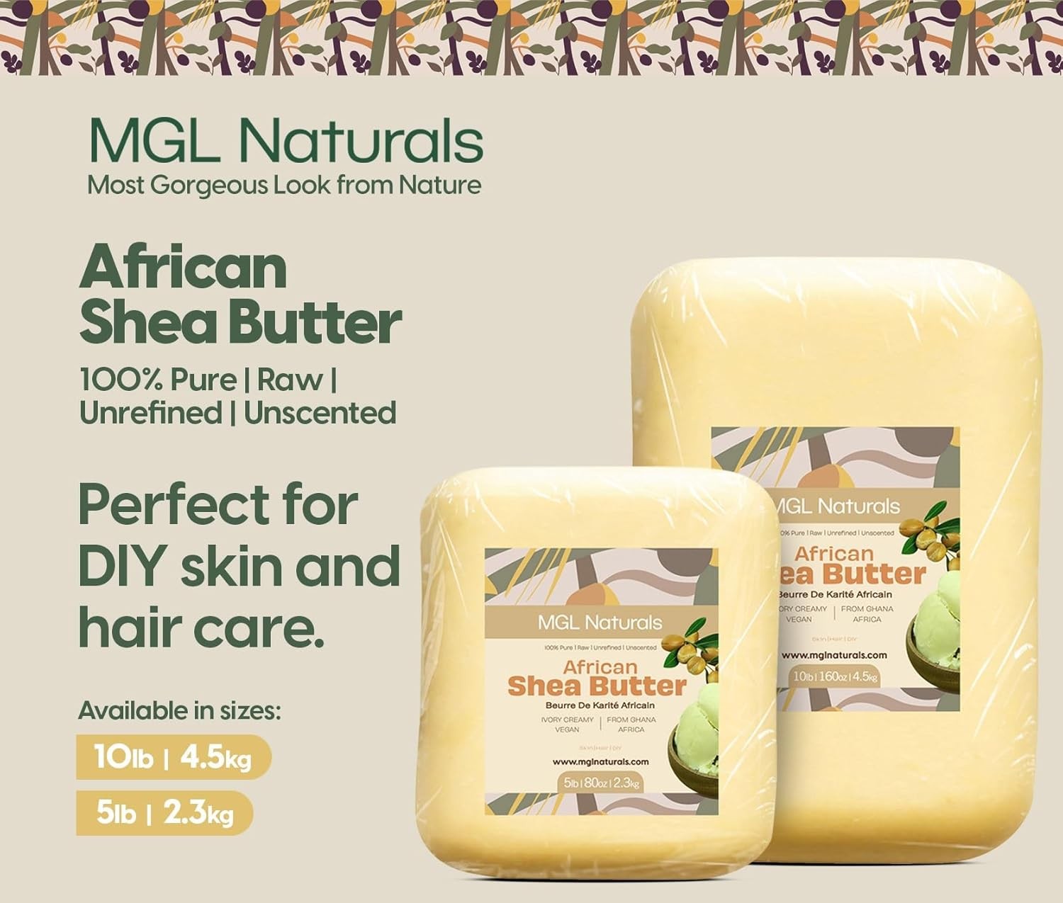 MGL Naturals Raw African Shea Butter Ivory 5 lb, 100% Pure and Unrefined. Nour