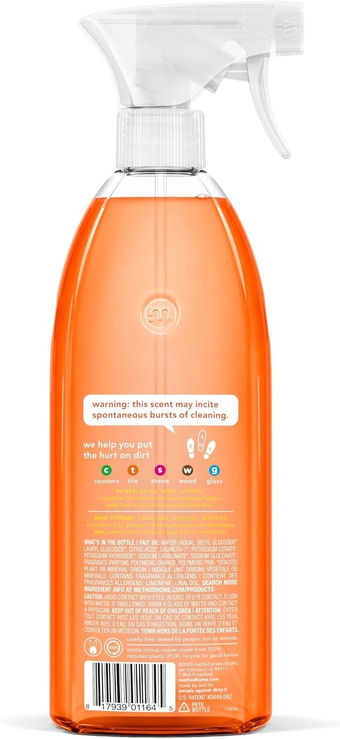 Method Clementine All-Purpose Cleaner 8x28oz – Cuts Grease, Non-Abrasive