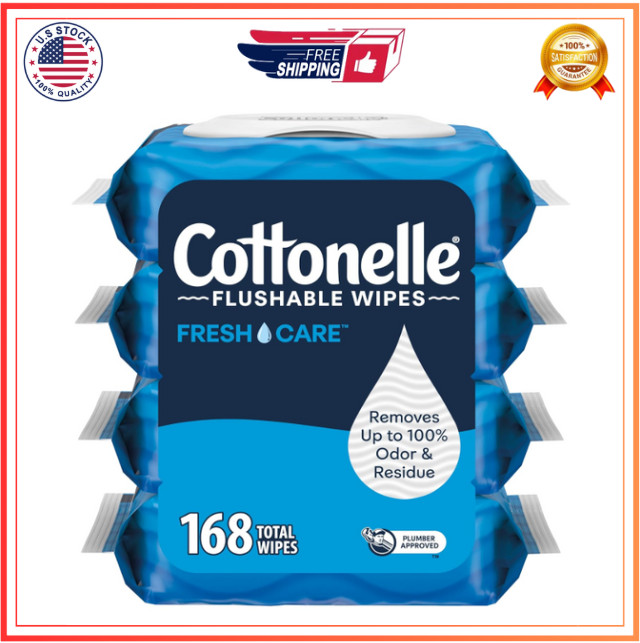 Fresh Care Flushable Wet Wipes,Adult Wet Wipes,4 FlipTop Packs,42 Wipes PerPack