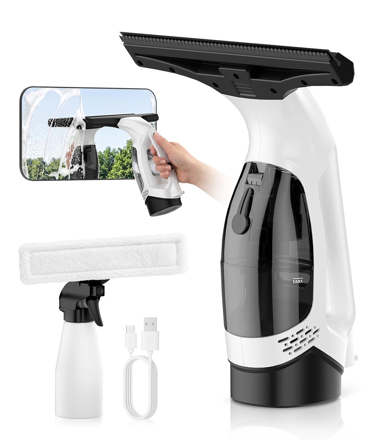 Window Vacuum Squeegee Cordless 3-in-1 Electric Cleaner Tool Spray Microfiber