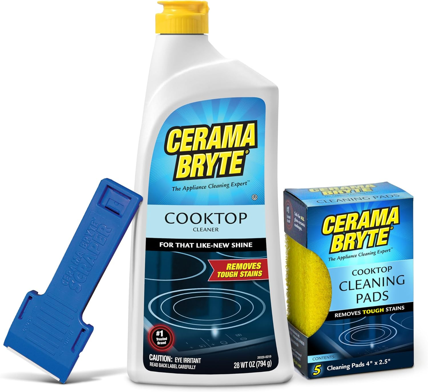 Ceramic Cooktop Cleaner (28 Oz), Scraper and 5 Cleaning Pads Combo Kit