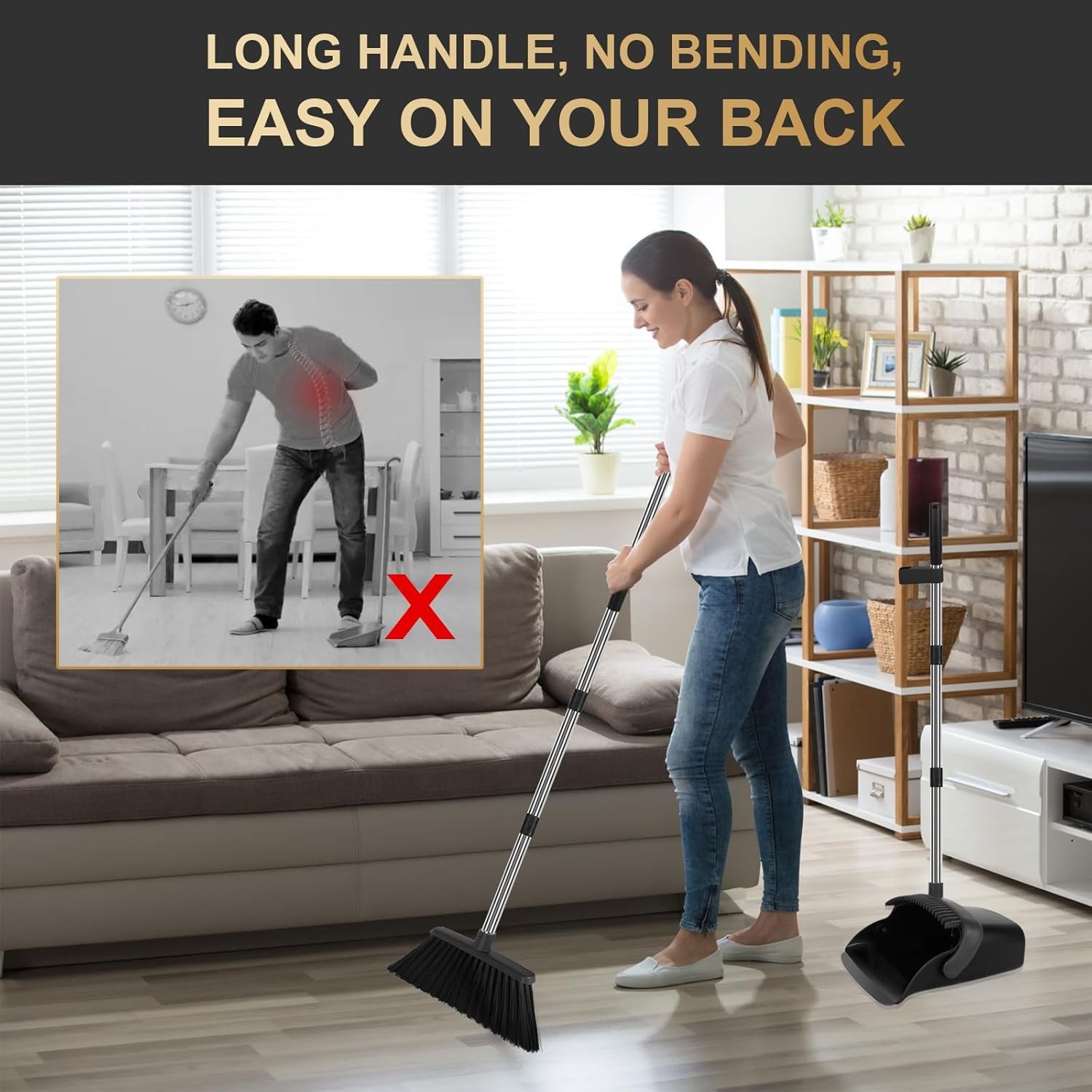 Broom and Dustpan Set, Upright ple Broom with Dustpan bo Set Long