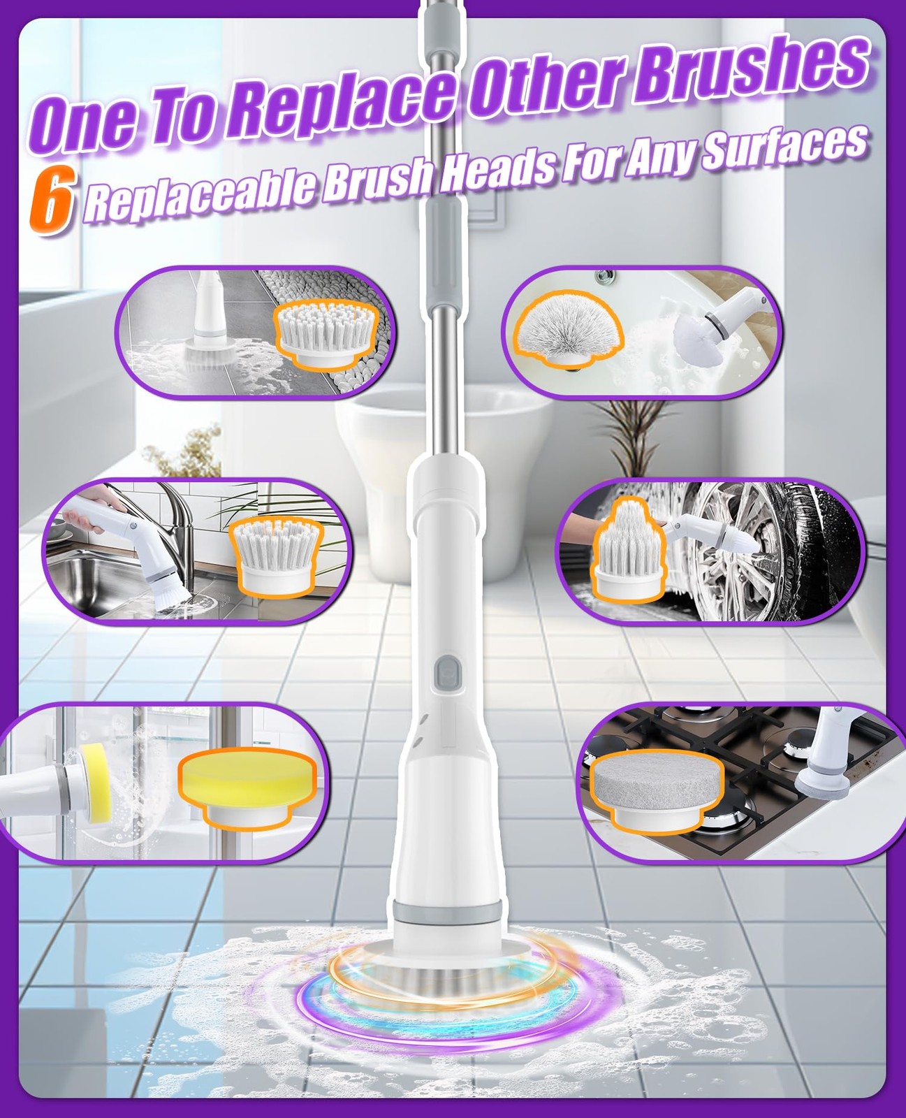 6-in-1 Spin Scrubber, Cordless Power Scrubber with 47.2″ Long Extendable Hand…