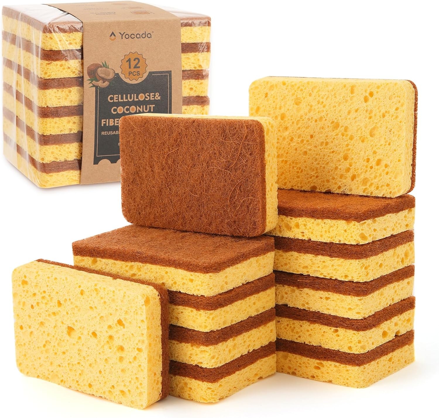 Cellulose Sponge 12 Pack Biodegradable Natural Kitchen Sponge Dual-Action