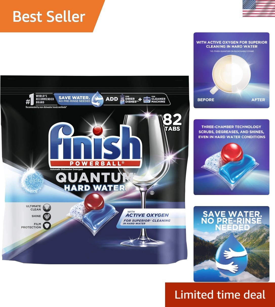 Quantum Hard Water Dish Tablets 82 ct – No Pre-Rinse, Superior Cleaning
