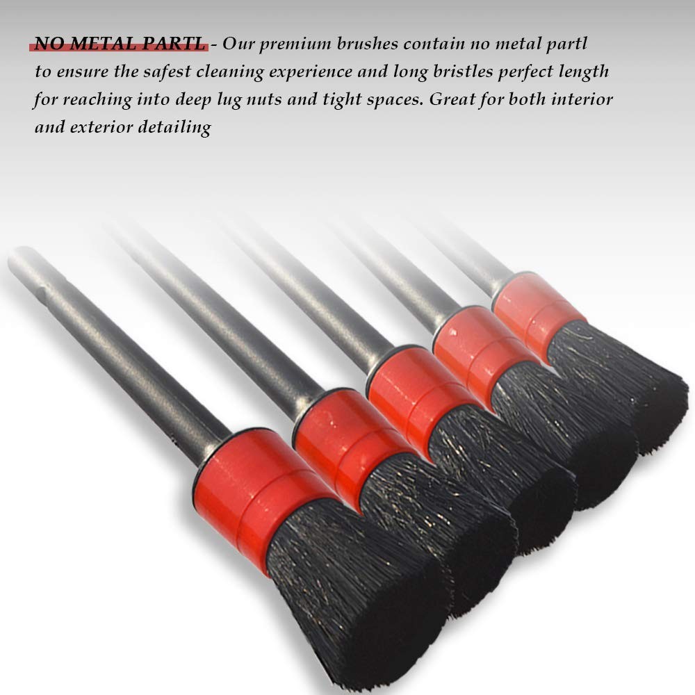 5 Premium Boar Hair Detail Brushes for Automotive Cleaning Wheels & Vents