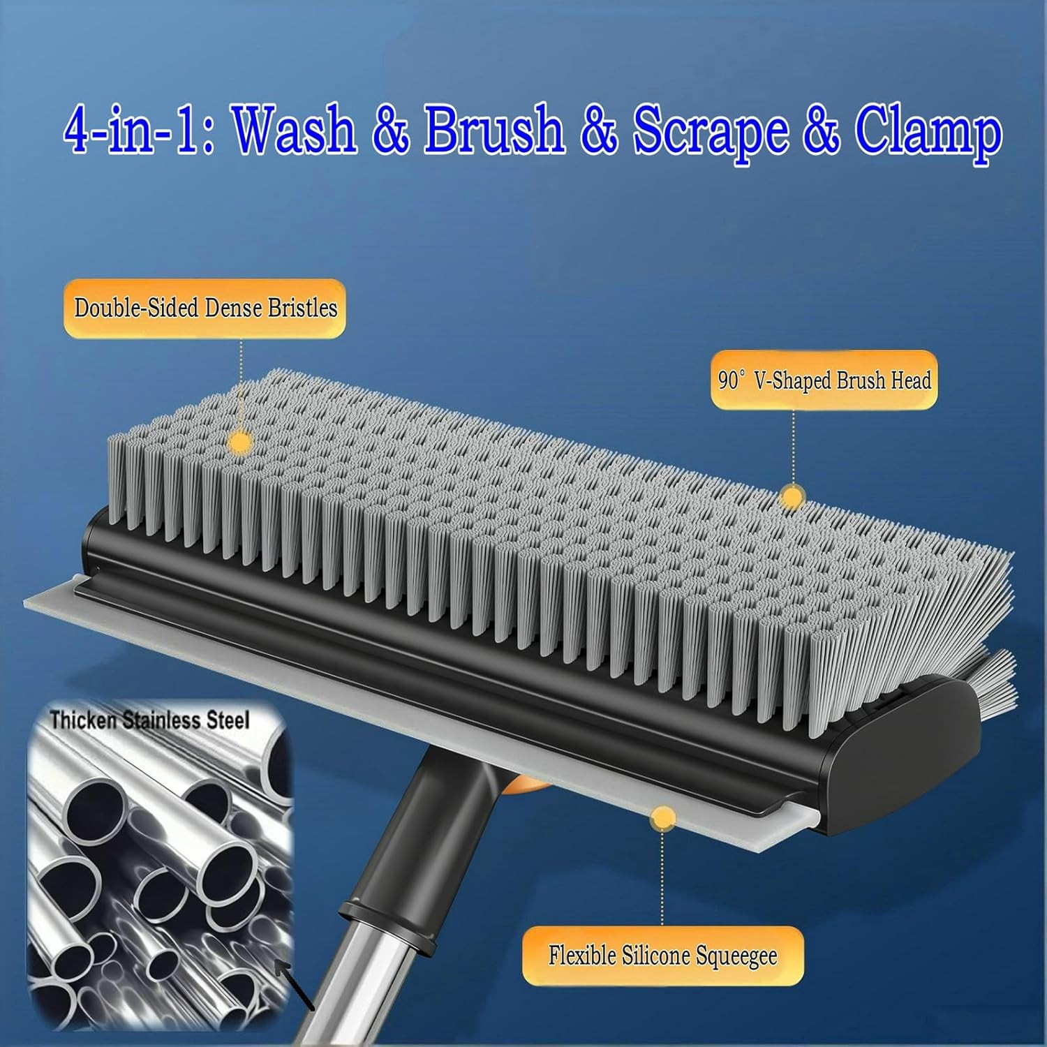 4 in 1 Floor Scrub Brush with Squeegee Long Handle Grout Brush 52” 2026 Upgrade