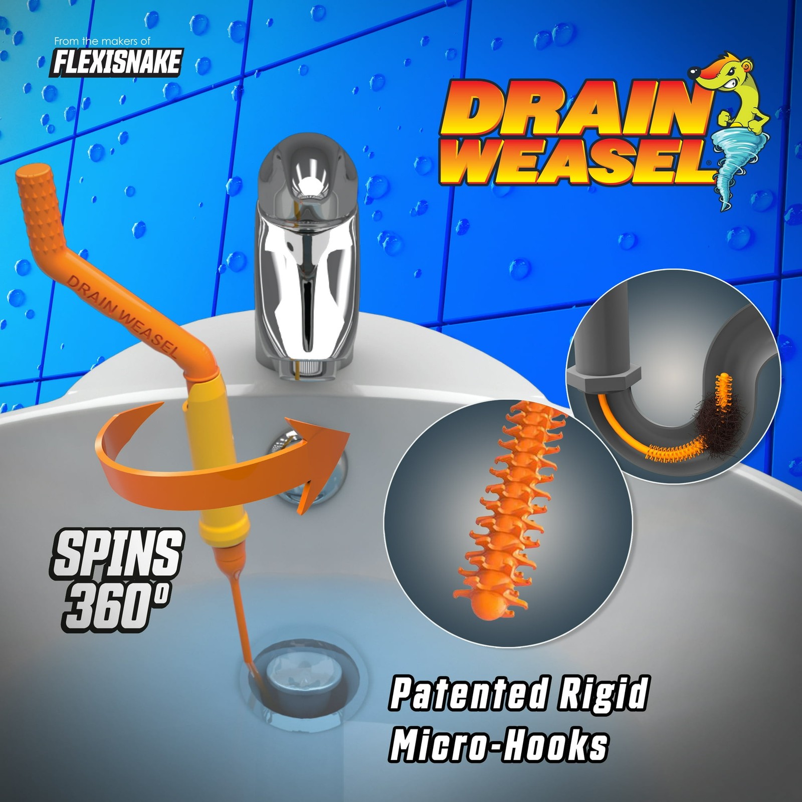 FlexiSnake Drain Weasel Hair Clog Tool Starter Kit for Drain Cleaning (3-Piece)