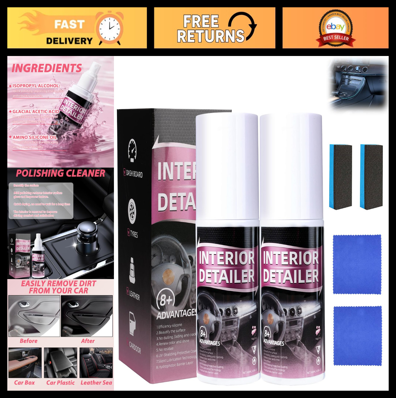 2Pcs Car Interior Cleaner Spray – Deep Clean, Polish Rubber, Plastic, Leather