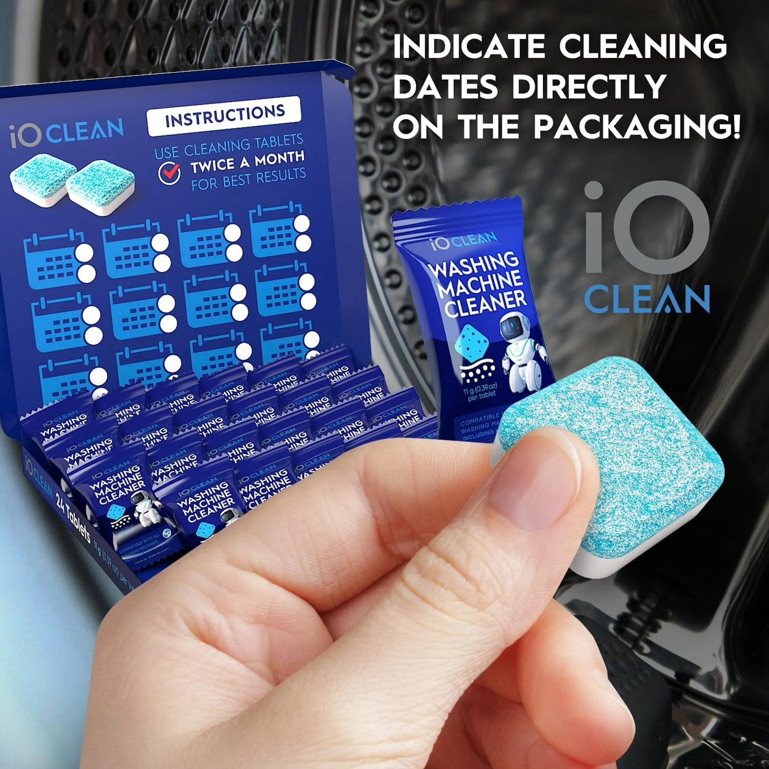 iO CLEAN Washing Machine Cleaner Descaler Tablets, 24 Count (1 Year Supply) – De