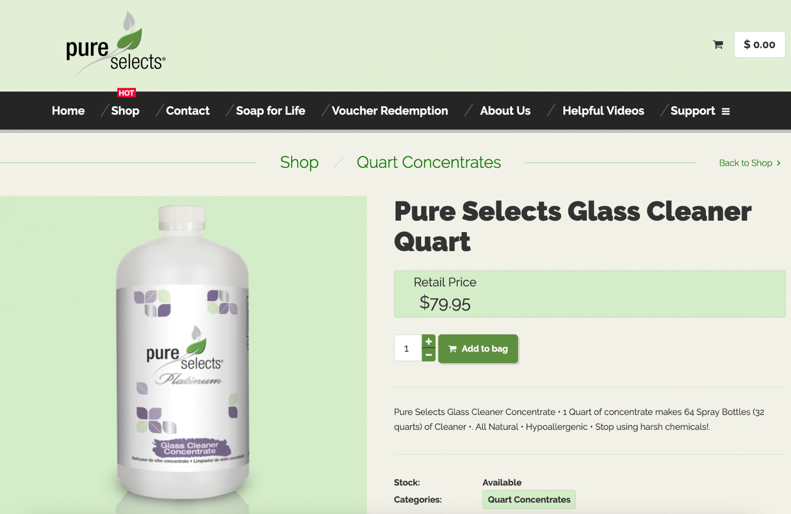 Pure Selects Glass Cleaner Concentrate 1Gallon (Brand New)