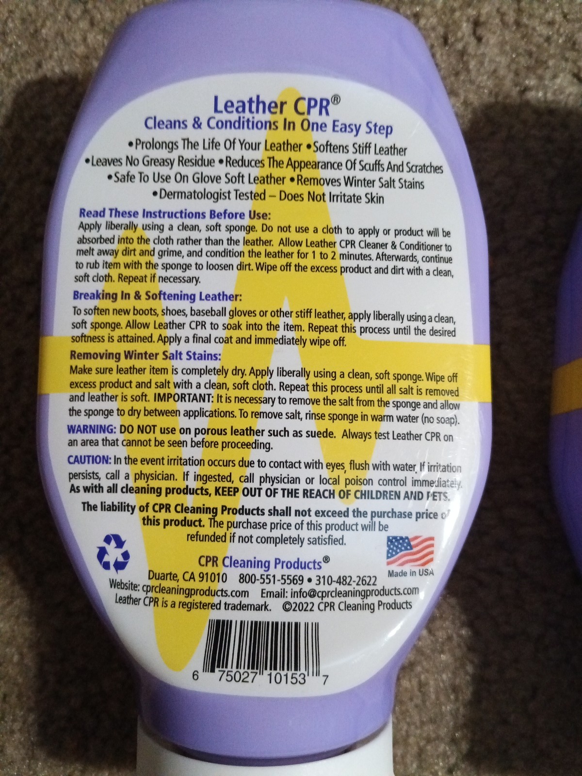 2 Bottles Leather CPR Cleaner & Conditioner 18oz Each As Seen On TVNEW (Exp 7-26