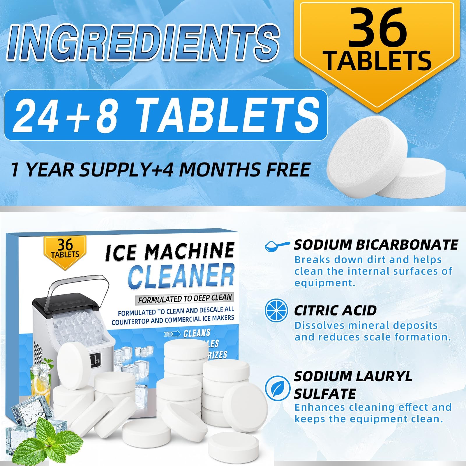 Ice Machine Cleaner Tablets Descaler 36 Pack – Portable Ice Maker Cleaner, Ni…
