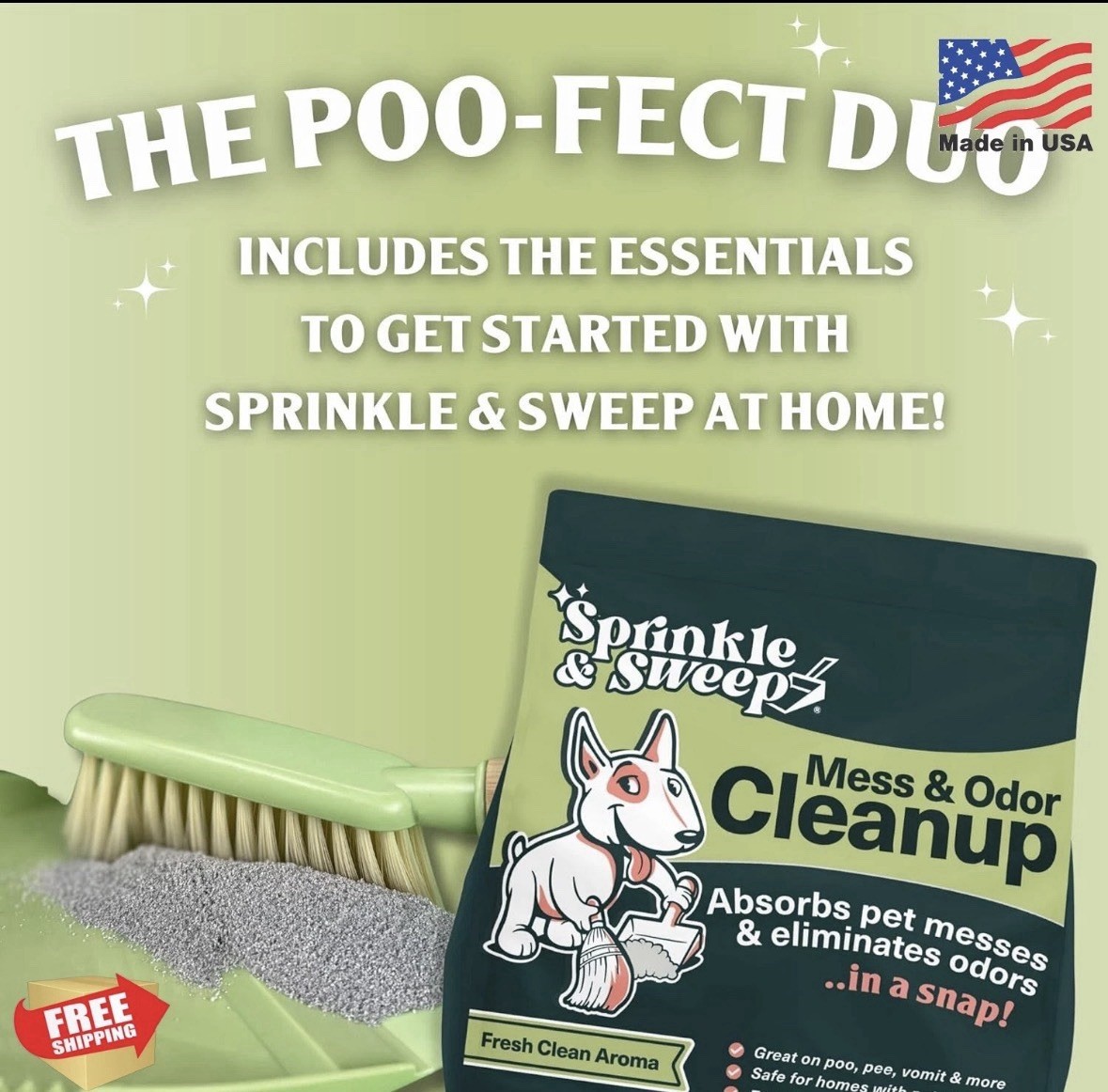 Sprinkle & Sweep Pet Mess Odor Cleanup Duo 15oz Bag Dustpan Broom Kit