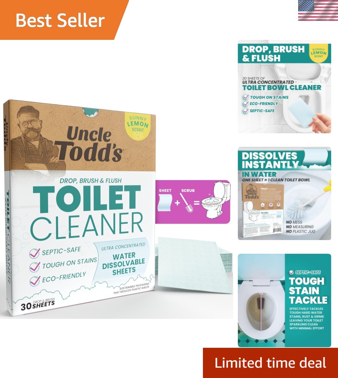 Septic-Safe Toilet Cleaning Sheets – 30 Pack, 100% Dissolvable for Easy Cleaning