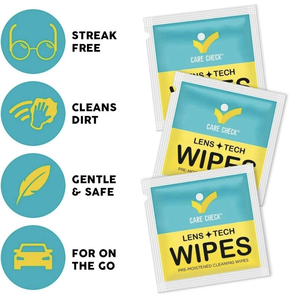 CARE CHECK Lens Tech Wipes 300 Individually Wrapped Pre-Moistened Screen Cleaner