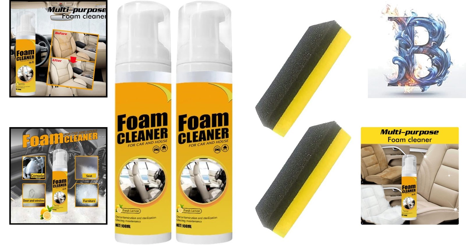 Multipurpose Foam Cleaner Spray, 2 x 100ml for Car Interiors & Household Use