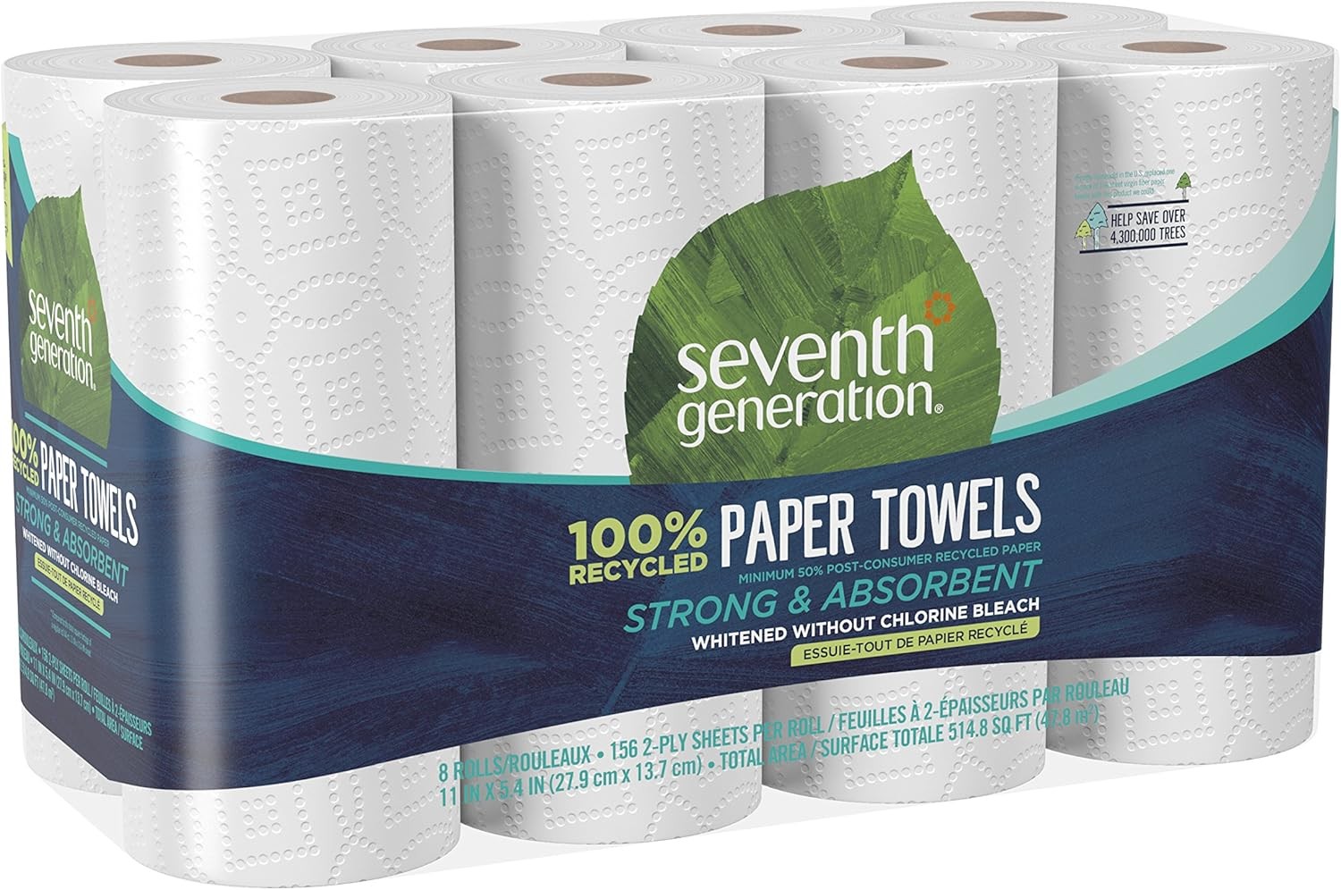 Seventh Generation 100% Recycled Paper Towels, 2-ply, 8 Count, Pack of 4