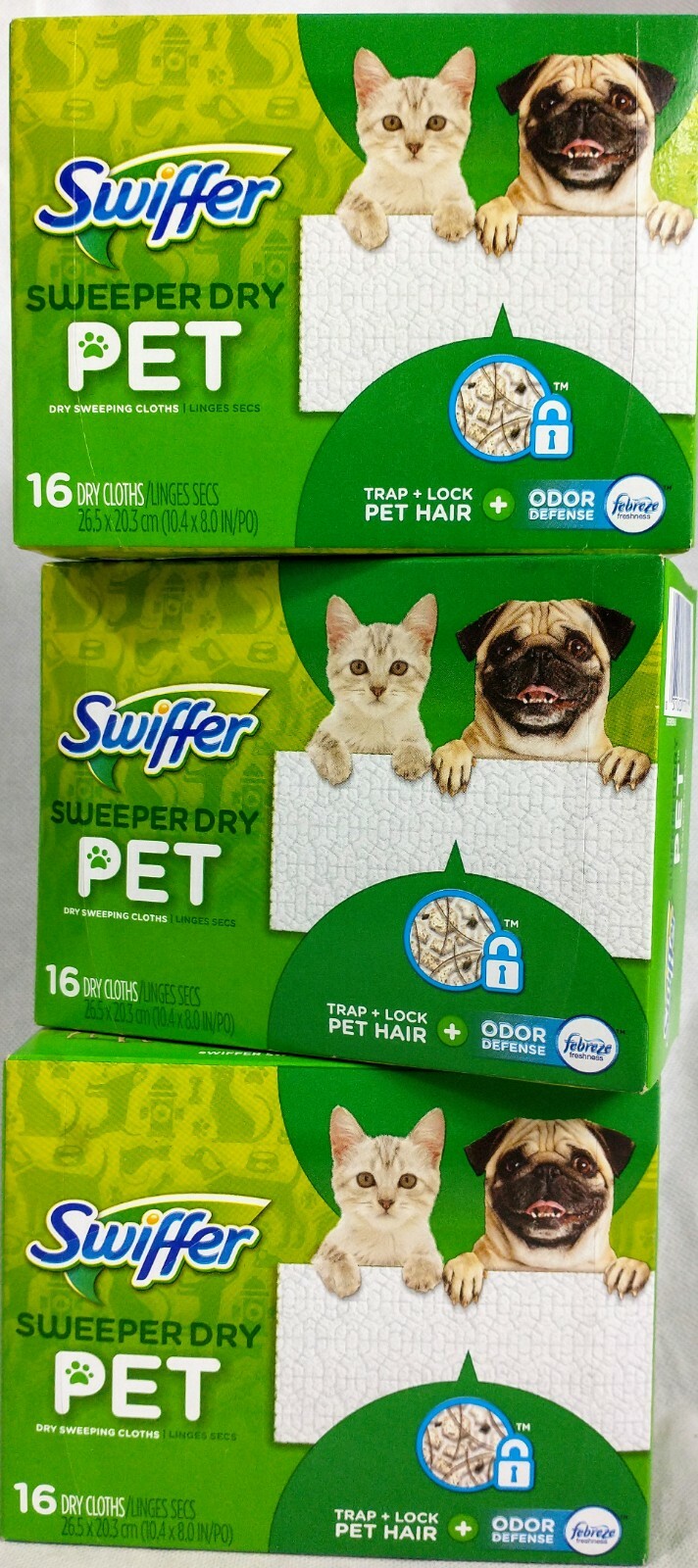3 Pack Swiffer Sweeper Dry Pet With Febreze Odor Defense 16 Count Dry Cloths