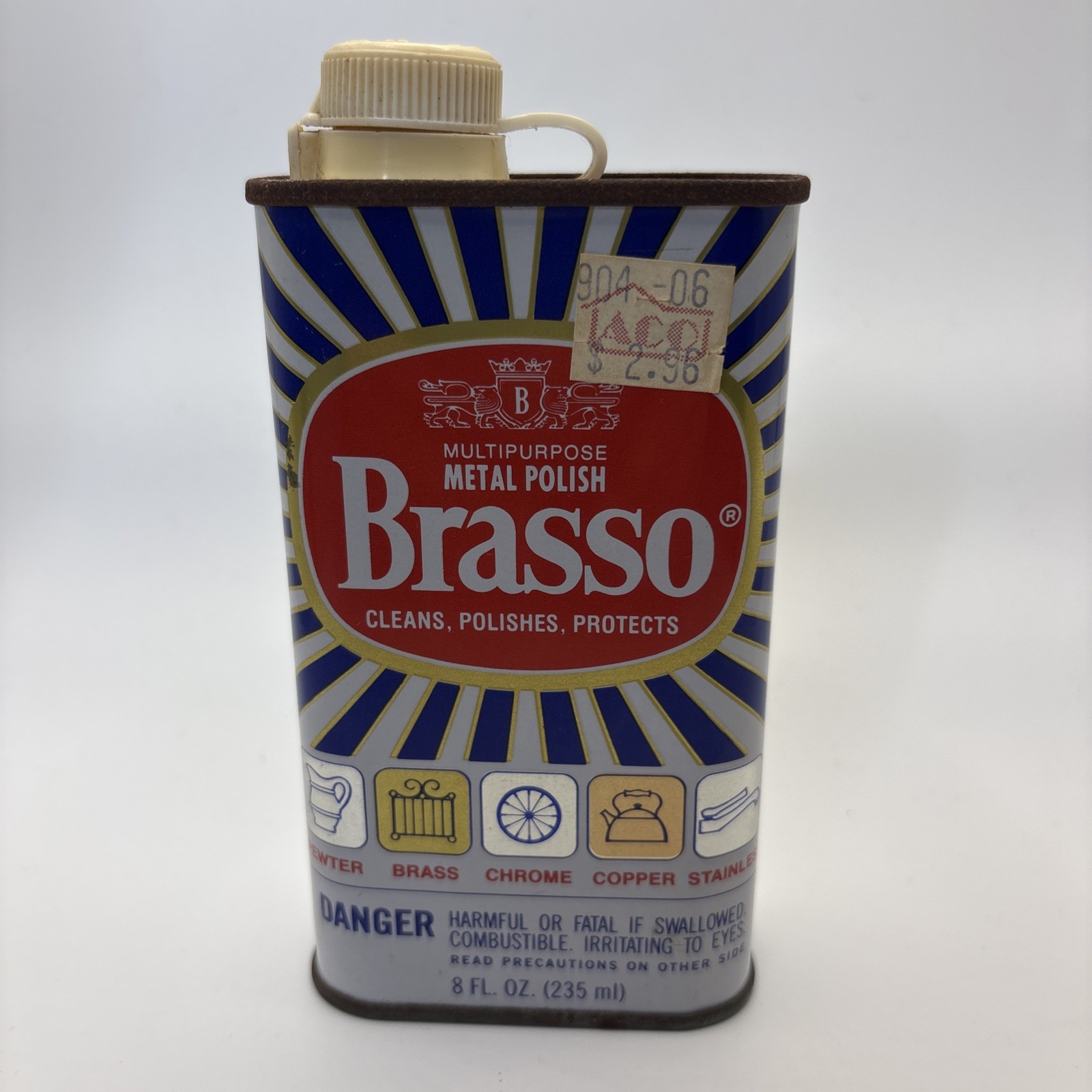 Vintage BRASSO Metal Polish 8 Fl. Oz Tin For Brass Copper Chrome 50% Full PROP