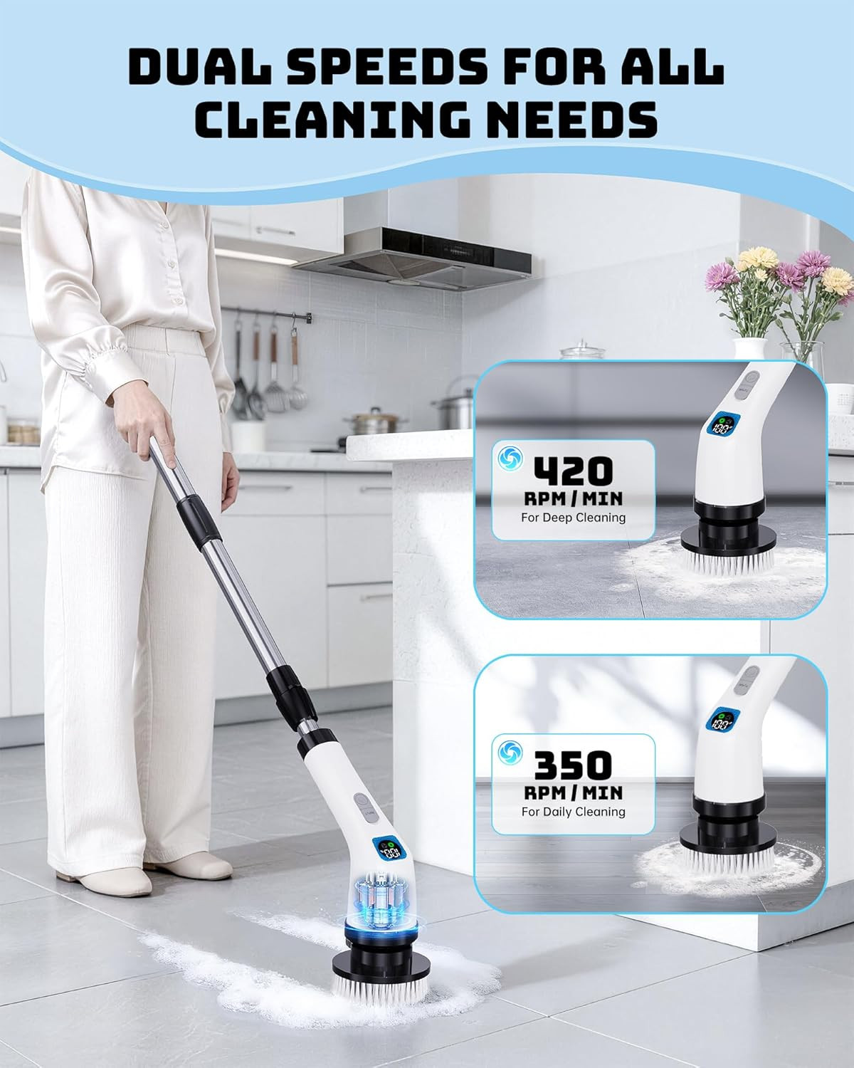 Electric Spin Scrubber for Bathroom | Shower Cleaner Brush with Long Handle | Du