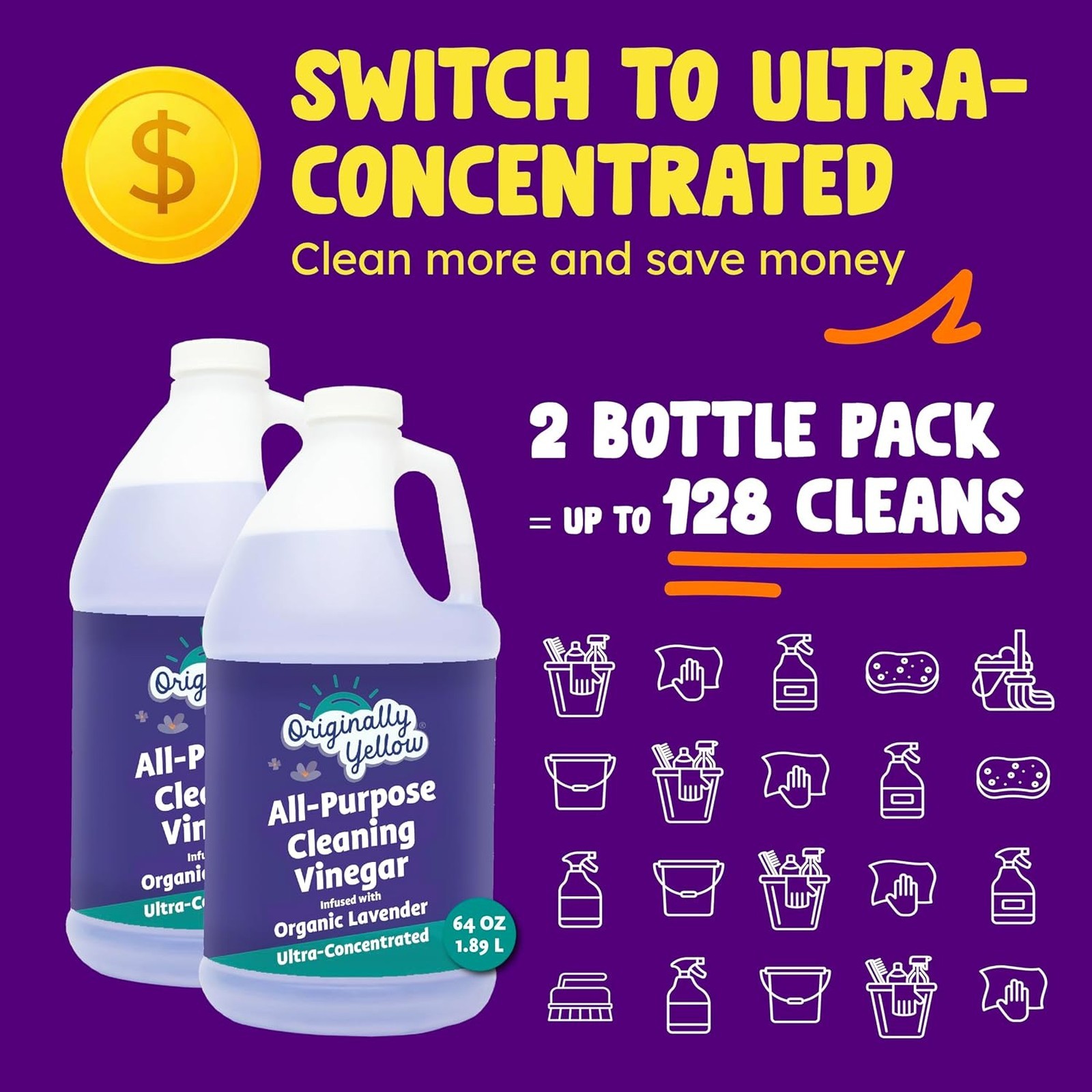 Yellow Lavender White Vinegar Cleaner 1 Gallon Pack Plant Derived All Purpose